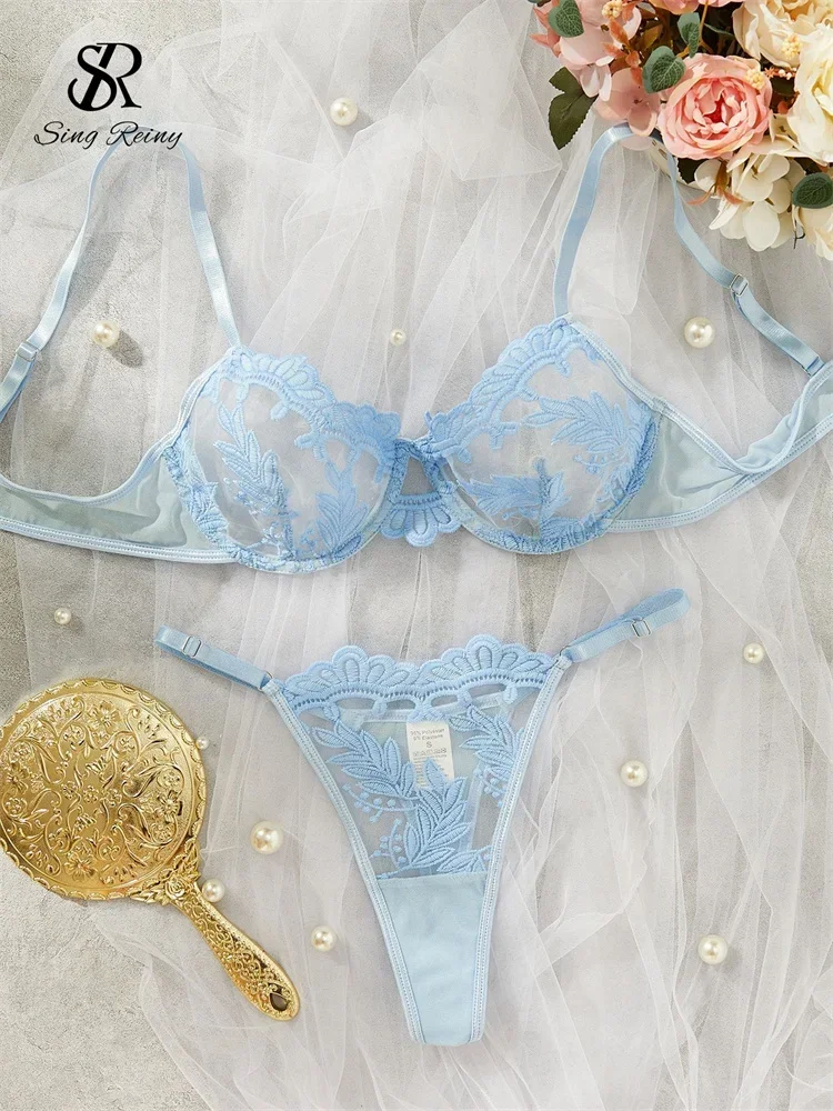 SINGREINY Garza Trasparente Biancheria Intima Skinny Sexy Abiti Moda Aderente Lingerie Signore Solido Ricamo Reggiseno Erotico e Slip Set