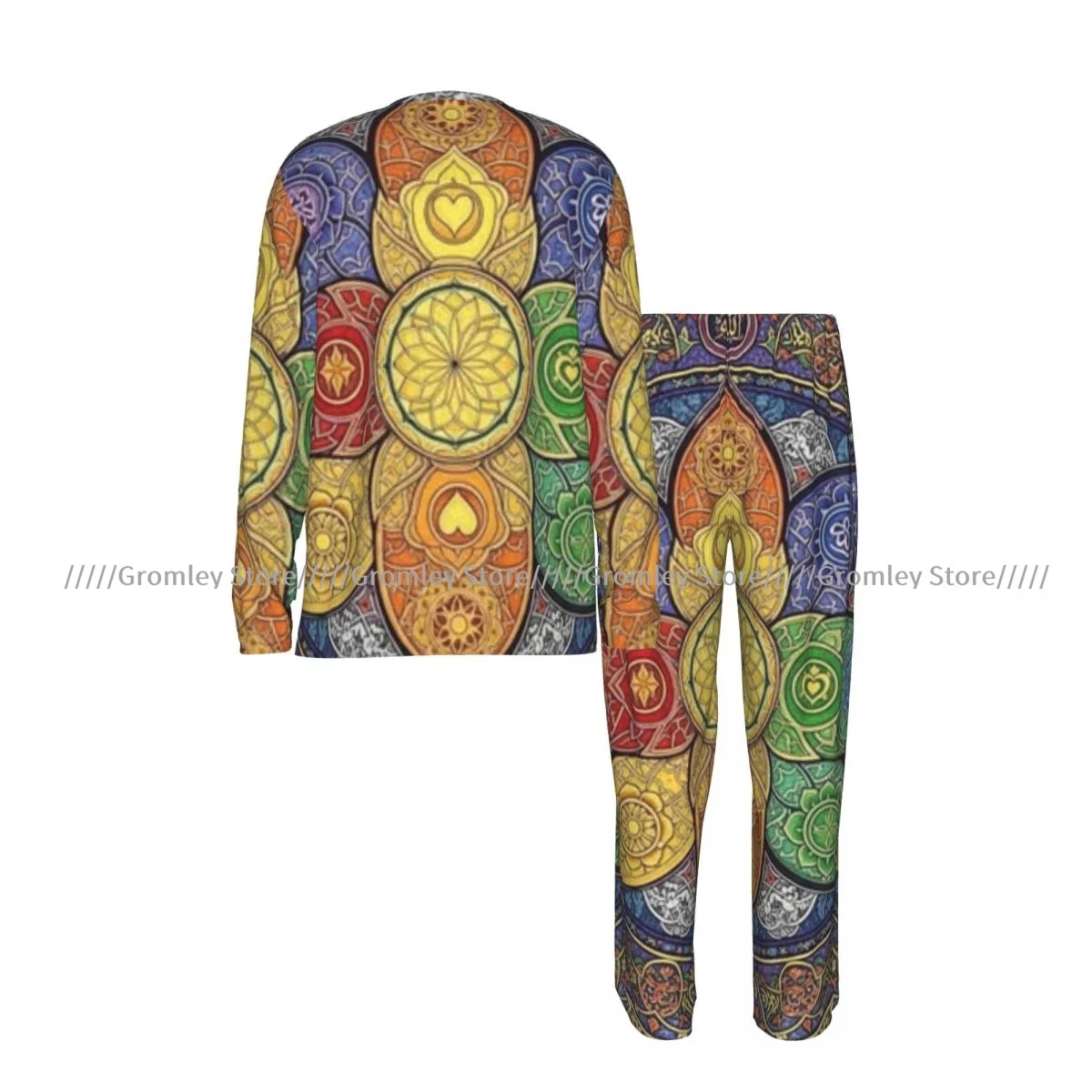 Men's Long Sleeve Long Pants Pajama Set Colorful Mandala Casual Loungewear and Sleepwear for Home
