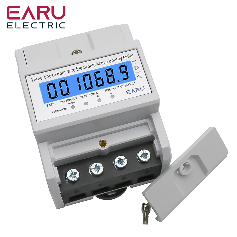 Din Rail 380V 3 Phase 4 Wire Energy Meter Power Consumption Monitor kWh Meter Wattmeter Bivolt 100A AC 50Hz 60Hz LCD Backlight