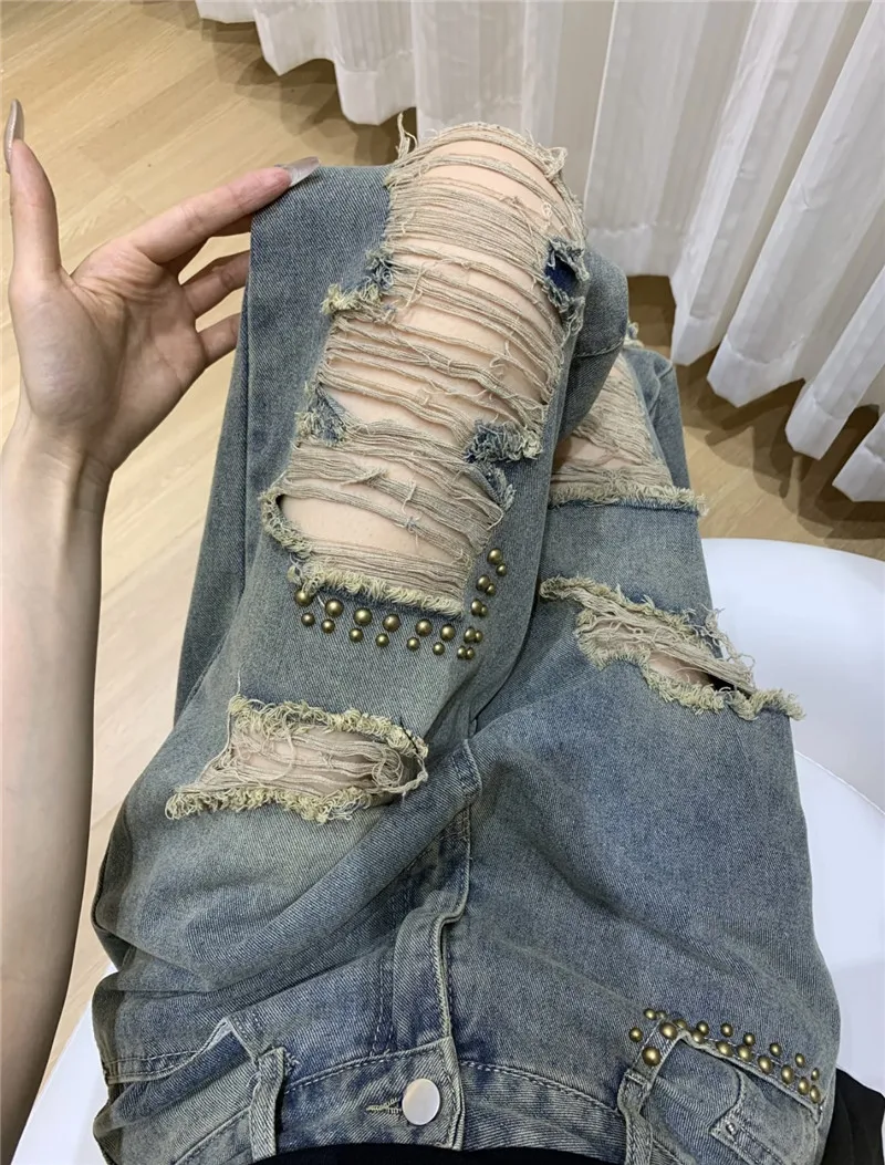 

Women's Blue Rivet Hole Casual Denim Pants Y2K Harajuku American High Street 90S Wide Leg Retro Denim Jeans Fashionable Clothing