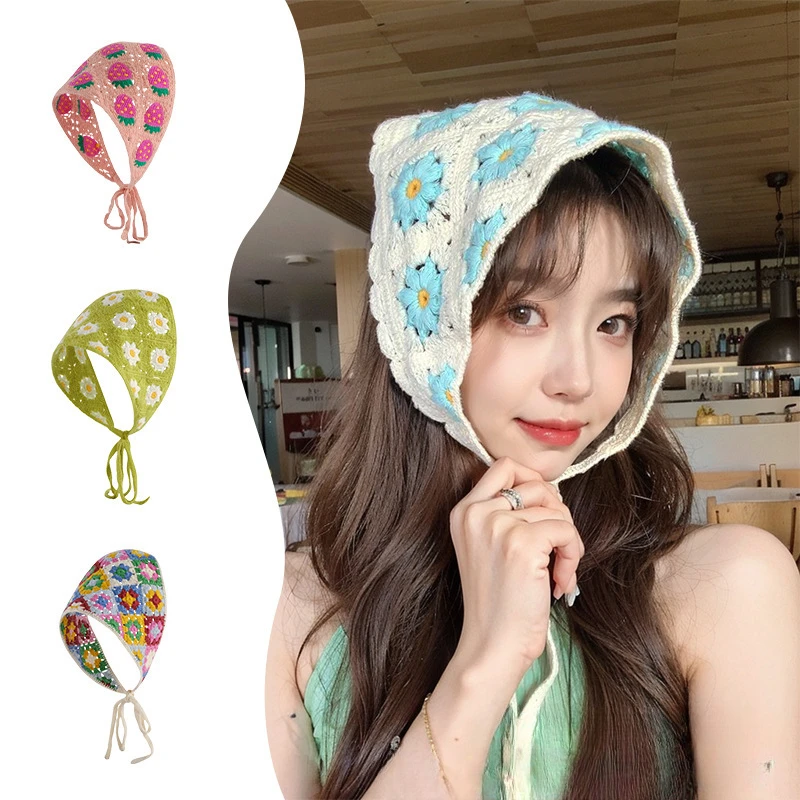 Korean Style Women Triangle Headscarf Bandana Fashion Handmade Crochet Mushroom Strawberry Spicy Girl Headband Hair Accessories