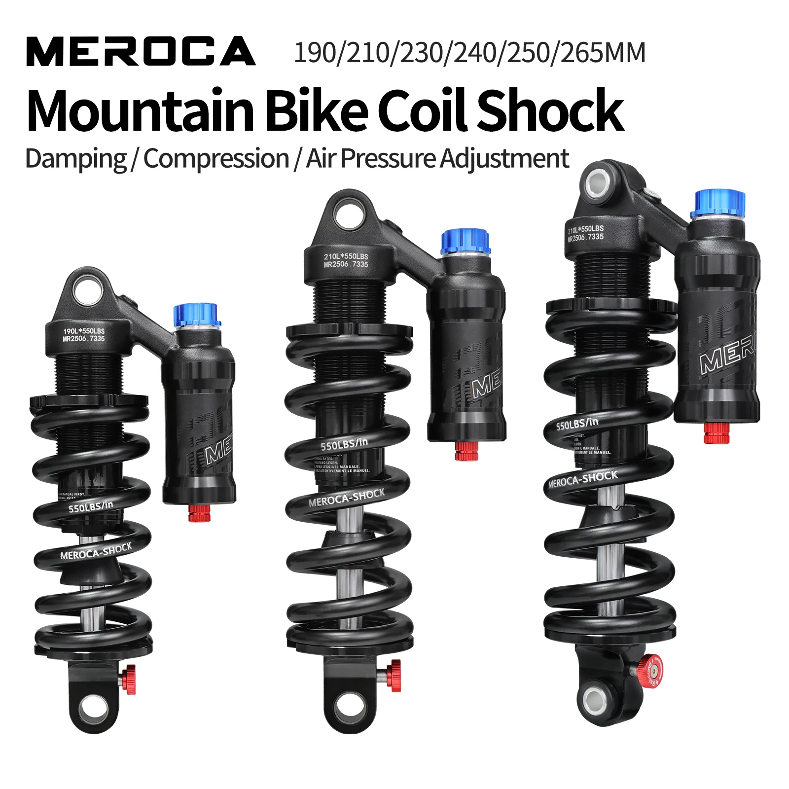 Meroca mtb amortecedor 550lbs 190/210/230mm mola de bobina com amortecimento choque traseiro para bicicletas de suspensão completa caber e-bike