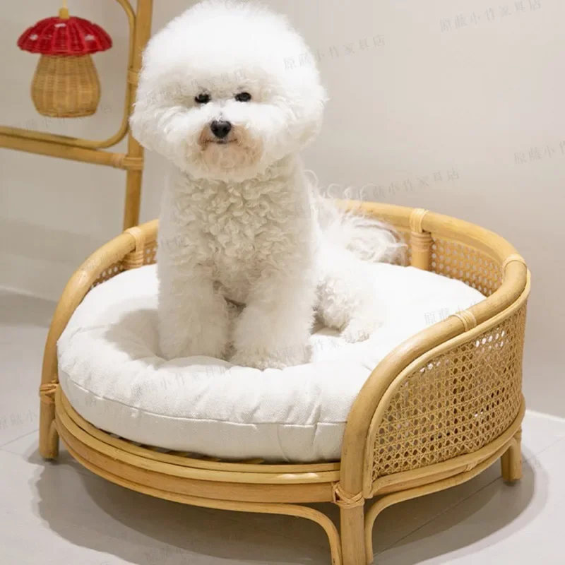 Natural Rattan Woven Pet Nest Cool Summer Round House for Cats Indonesian Teddy Pet Kennel Cozy Small Pet Furniture