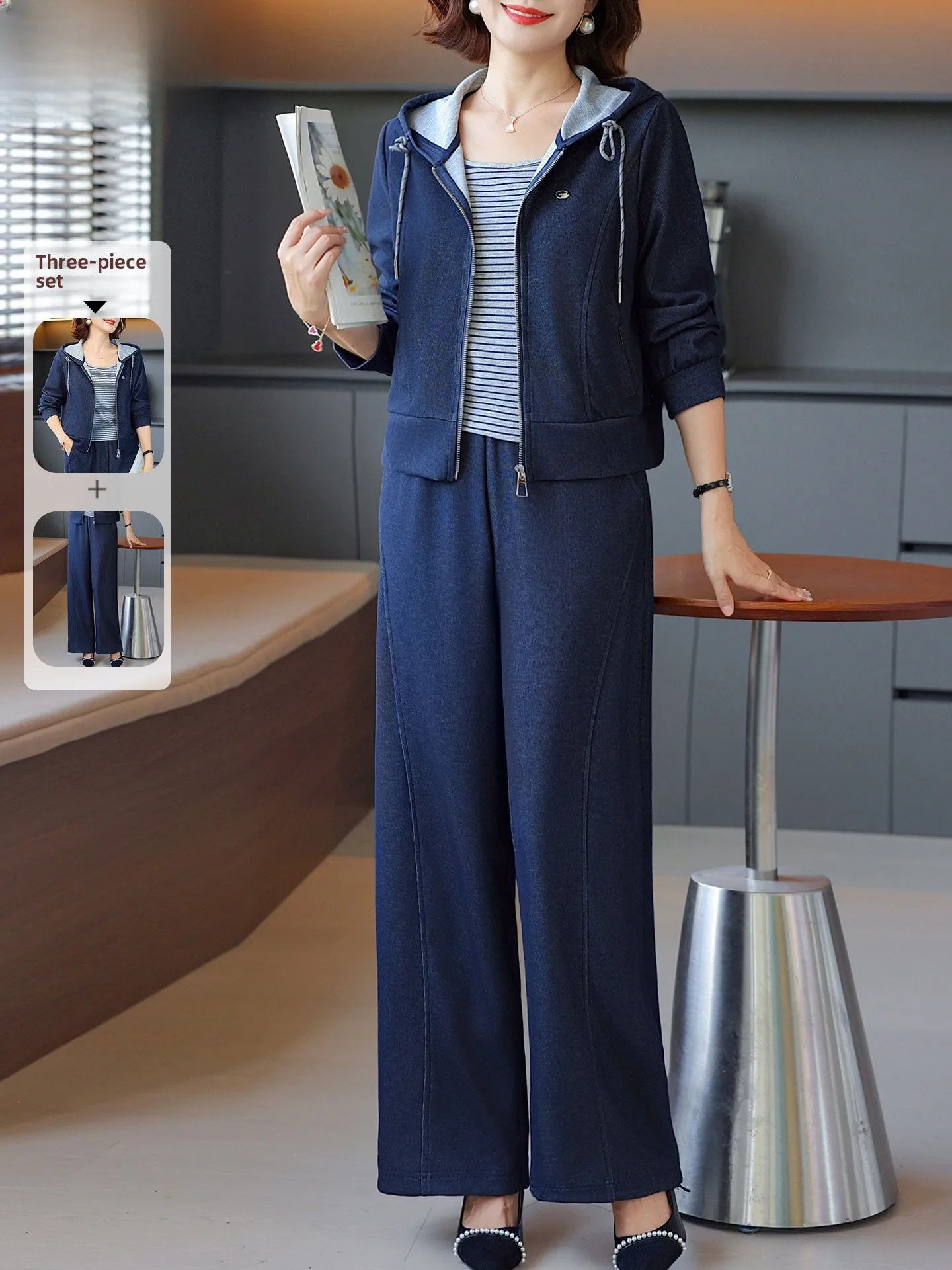 

Ele Casual Denim Tee-Piece Set for Middle-Aged Women Autumn Faion Outerwear Polyester Fiber Zipper Hooded Cardigan