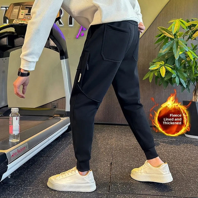 

Мужские утепленные джоггеры на флисовой подкладке, зимние, с высокой талией, облегающие, повседневные брюки в корейском стиле, модные