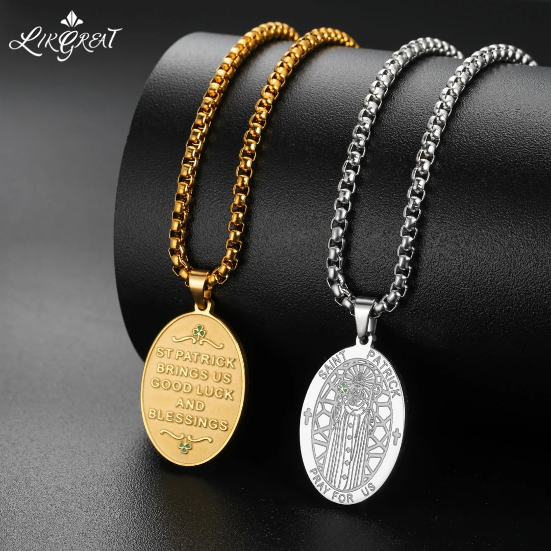 Saint Patrick Necklace For Men Women Stainless Steel Shamrock Irish Patron Saint Pendant Necklace Religious Amulet Jewelry Gift