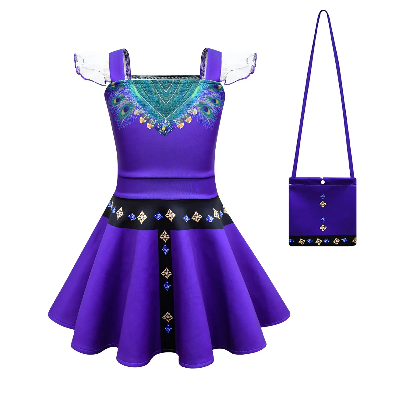 Kids Girls Movie Magic Peacock Print Purple Princess Dress Bag Set Outfit Christmas Role Play Halloween Cosplay Costume