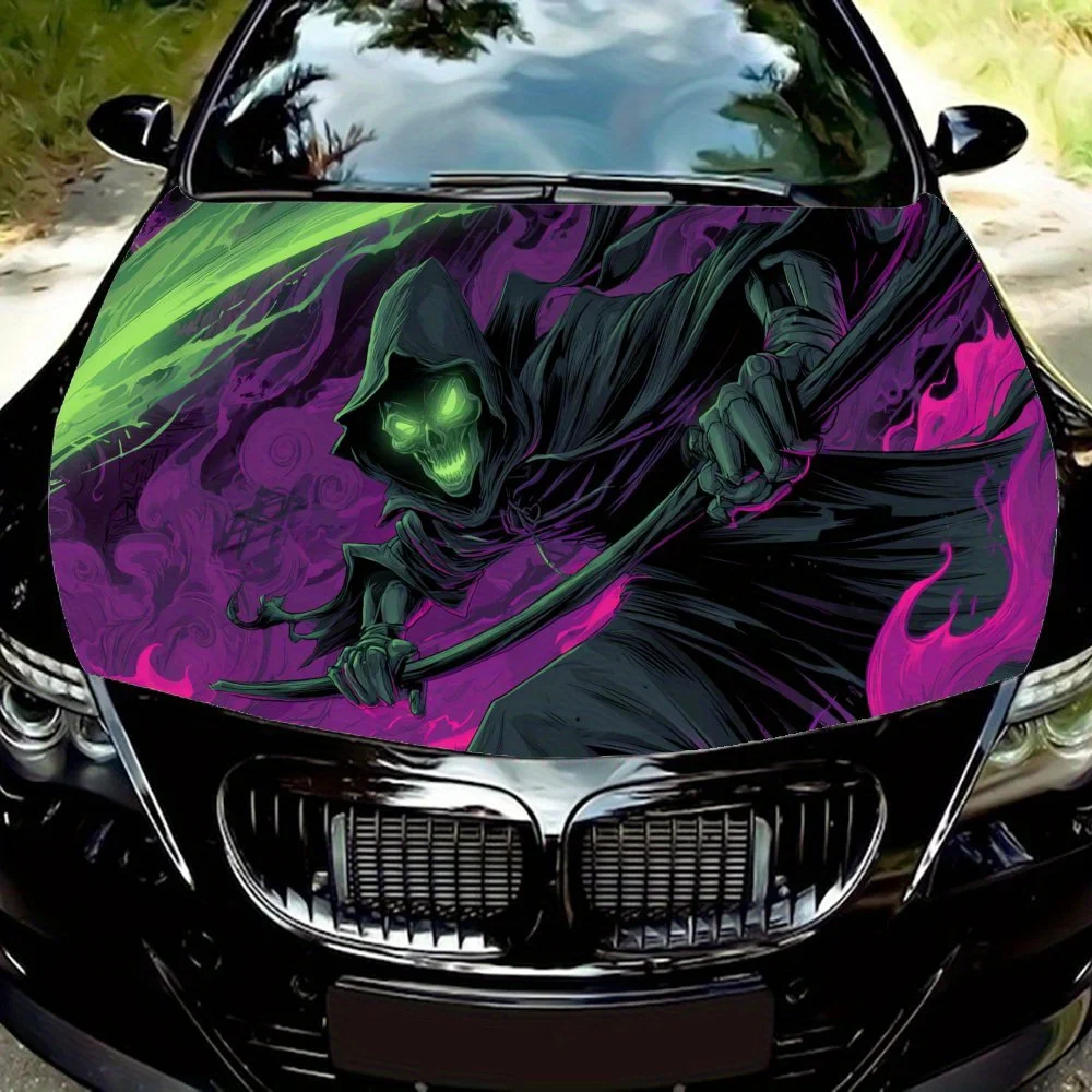 

Eerie Flaming Reaper PVC Car Vinyl Wraps, Self-Adhesive Waterproof Car Hood Decal Sticker, Car Decoration Protection Stickers fo