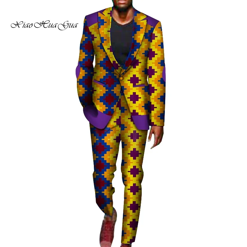 2 Pieces African Pants Sets Mens African Clothing Bazin Riche African Wax Print Blazer Suits and Pants Ankara Clothes WYN716