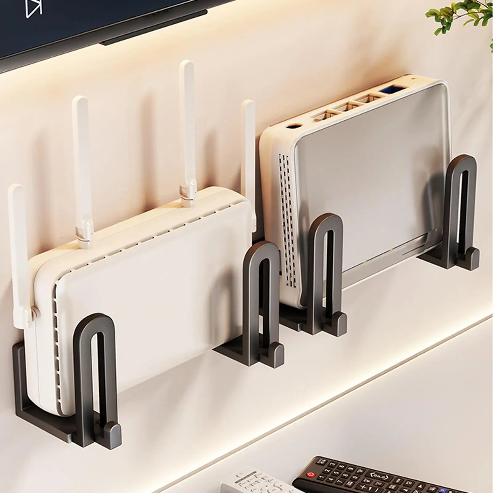 Drill Free Adjustable Floating Carbon Steel Router Wall Mount Organizer for TV Box Cable Modem Media Players Home Office