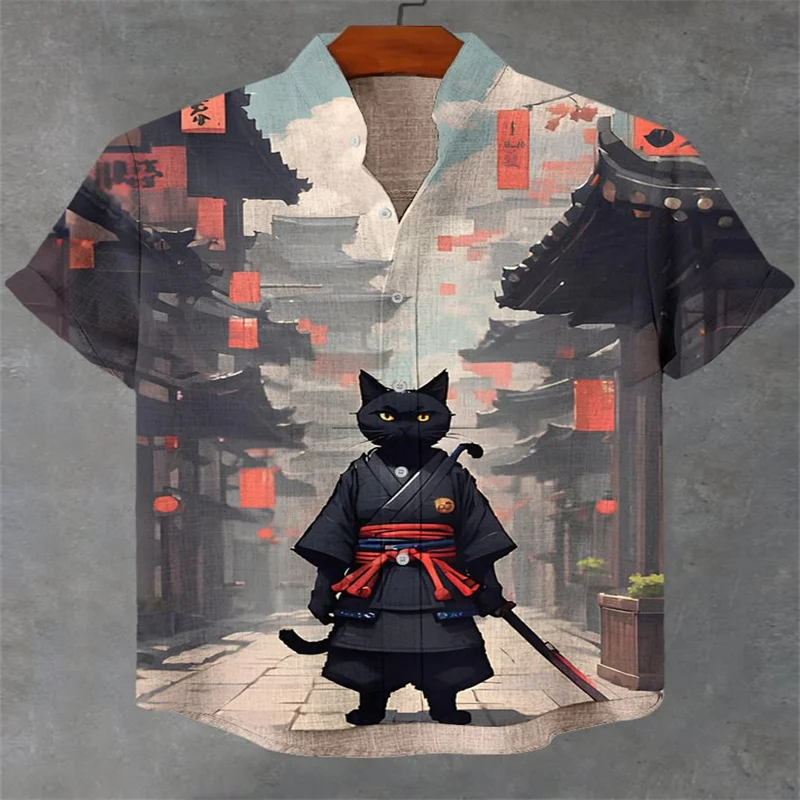 2025 Camicia da uomo casual con stampa per tiro con l'arco, arte del gatto, camicia con stampa magica del gatto nero