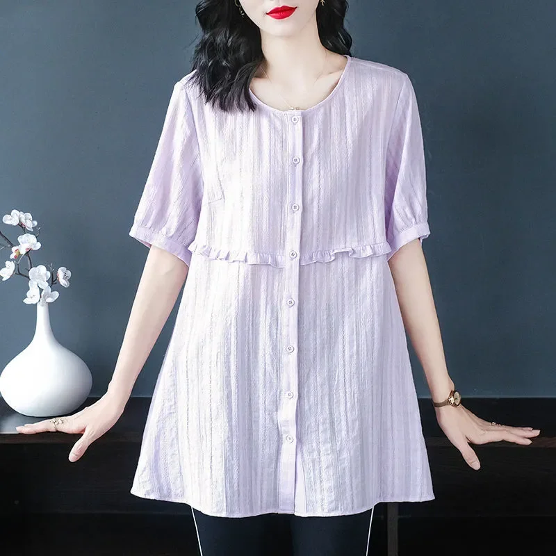 Plus Size Loose Tunic Blouse Ruffle Hem Short Sleeve Button Down Shirt for Women