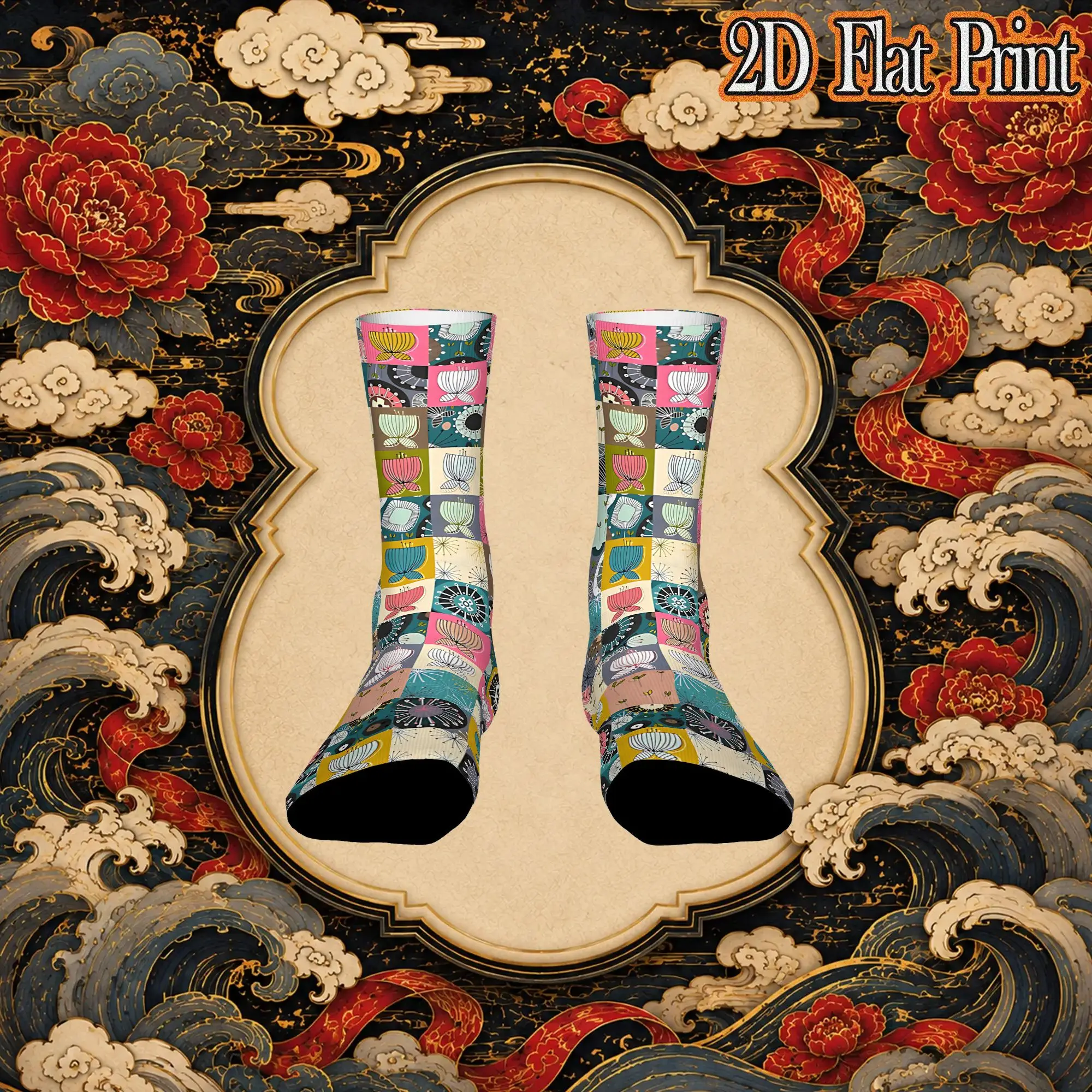 Blooms Patchwork Vintage  Hip Hop Novelty Seamless Crew Creative Sock Sports Socks