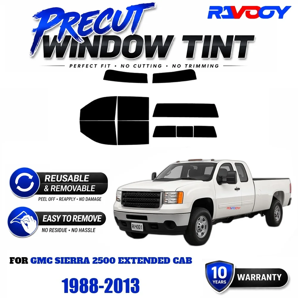 Precut Window Tint, Reusable Removable EPU Film, Custom Fit for Gmc Sierra 2500 Extended Cab 1988-2013, UV Heat Protection