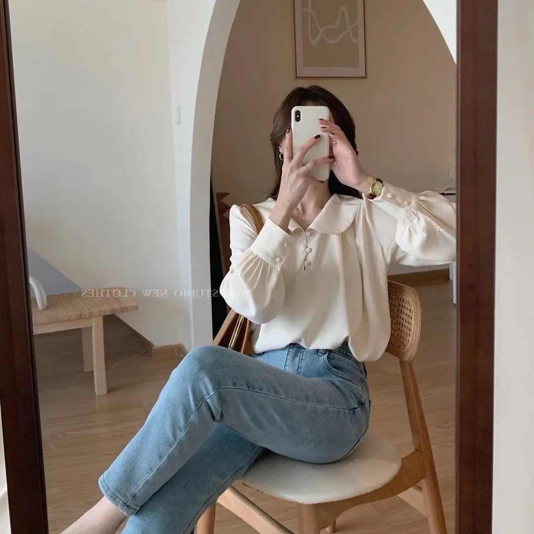 Spring Woman\'s Clothing Blue Shirt Niche Loose All-match Chiffon Sweet Doll Collar Long Sleeve Top Elegant Grace Temperament Ins