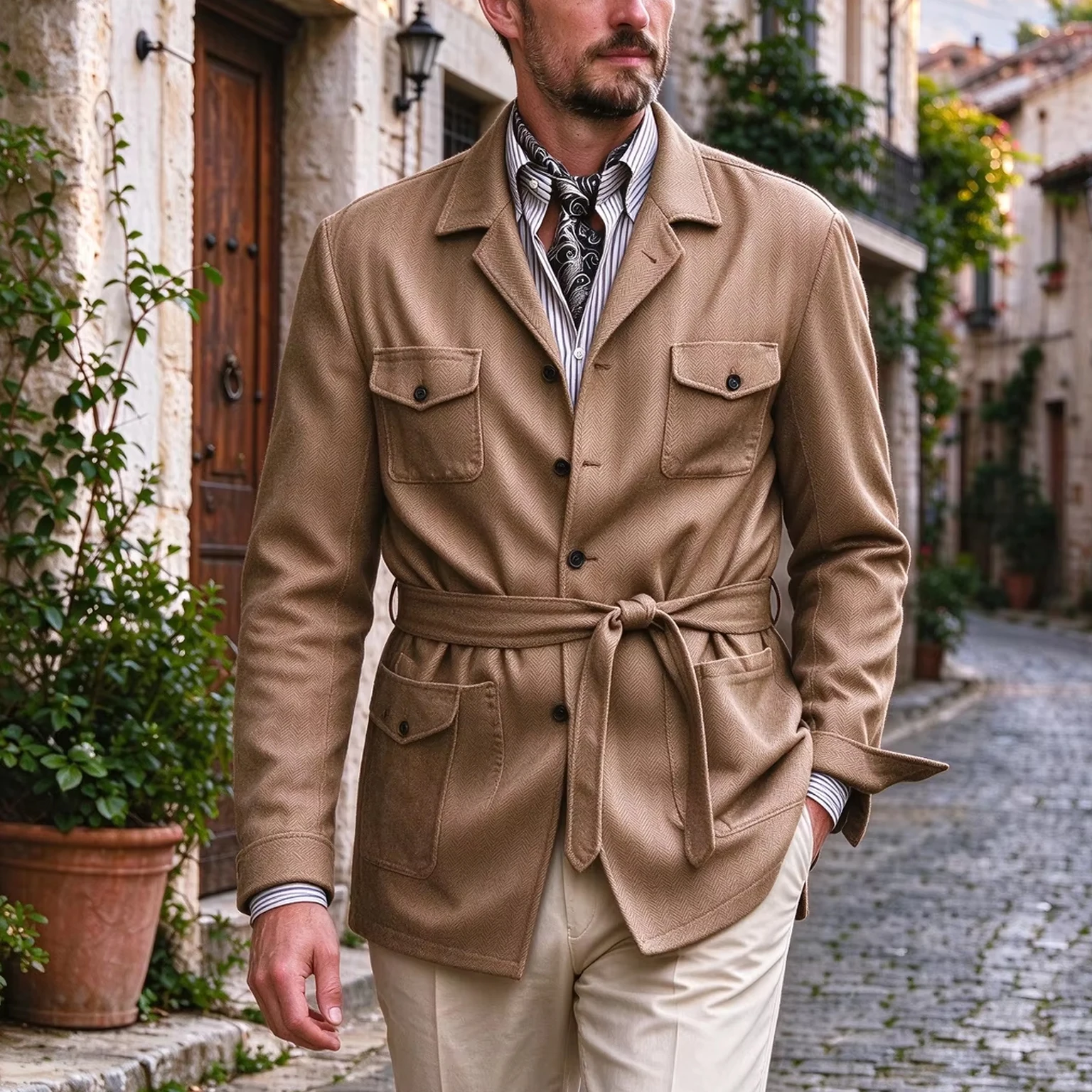 Men's Herringbone Tweed Safari Jacket with Belt Wool Blend Notched Lapel Sport Coat Multi Pocket Business Casual Field Jacket