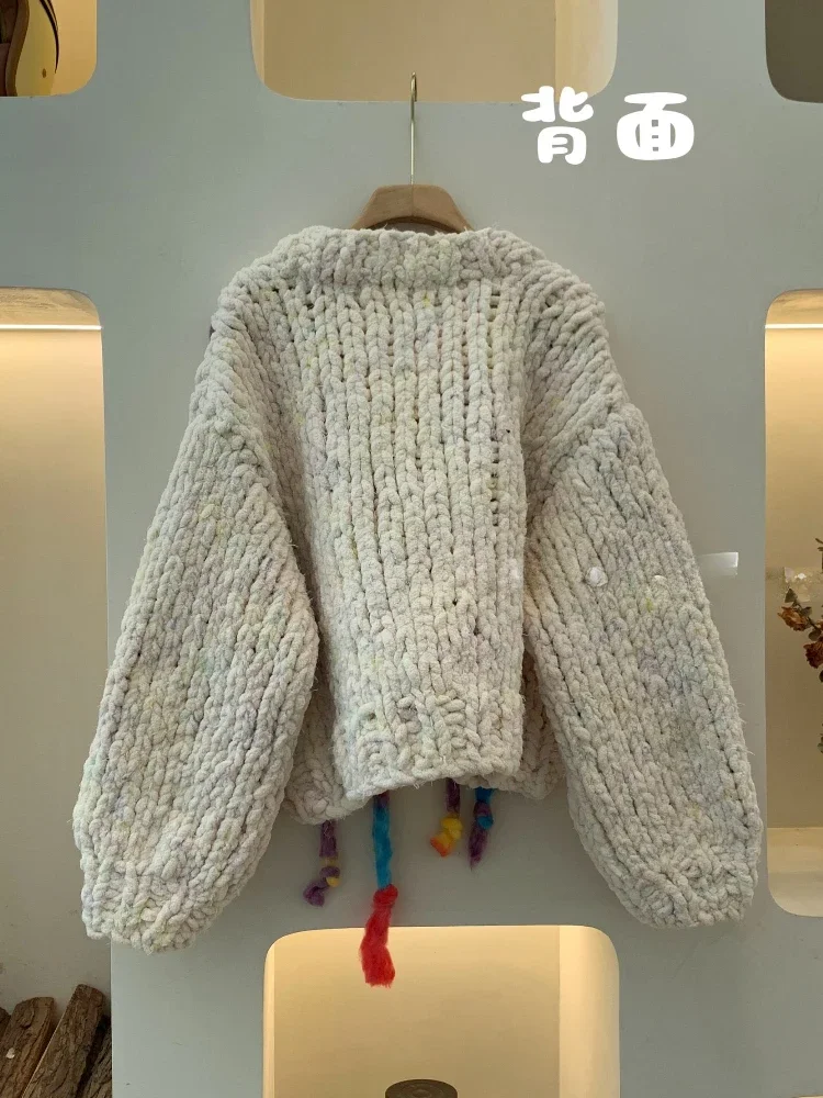 Yarn Decorated Sweater Cardigan Hand-knit Thick Stick Needle Loose V-neck Colorful Knit Jacket Autumn/Winter Women Knitwear