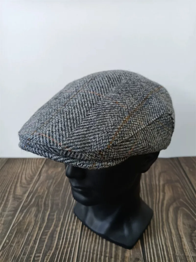 Grey Check Wool Tweed Flat Cap Classic Vintage Painter Beret British Forward Duckbill Hat Casual Plaid Newsboy Cap Size 61cm