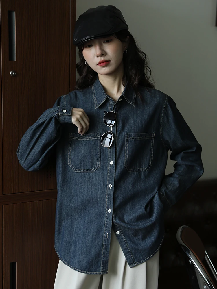 

Темно-синий джинсовый джинсовый джинт, женский свободный крой, утягивающая внутренняя одежда, повседневная одежда из смеси хлопка и полиэстера, длинная свеч на пуговицах