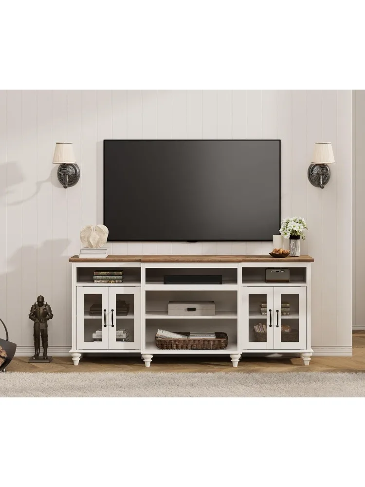 Farmhouse TV Stand for TVs Up to 75 inch, 4-Door Glass and Wood Universal TV Console with 9 Storage Cabinets