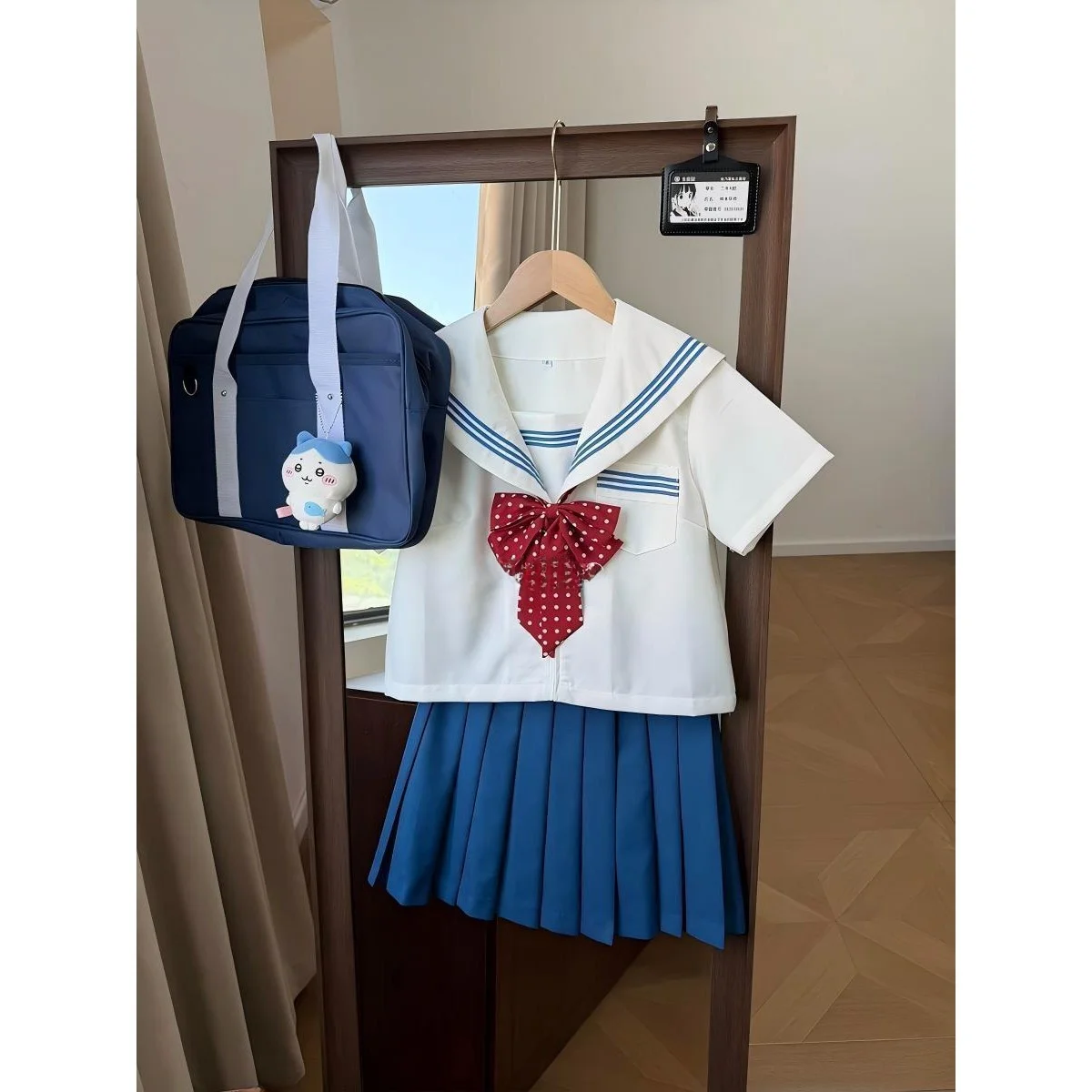 

plus Size Women's School Uniform Short Skirt Set Casual Style V-Neck Polyester Fabric Four Seasons Wear Blue Sailor Outfit