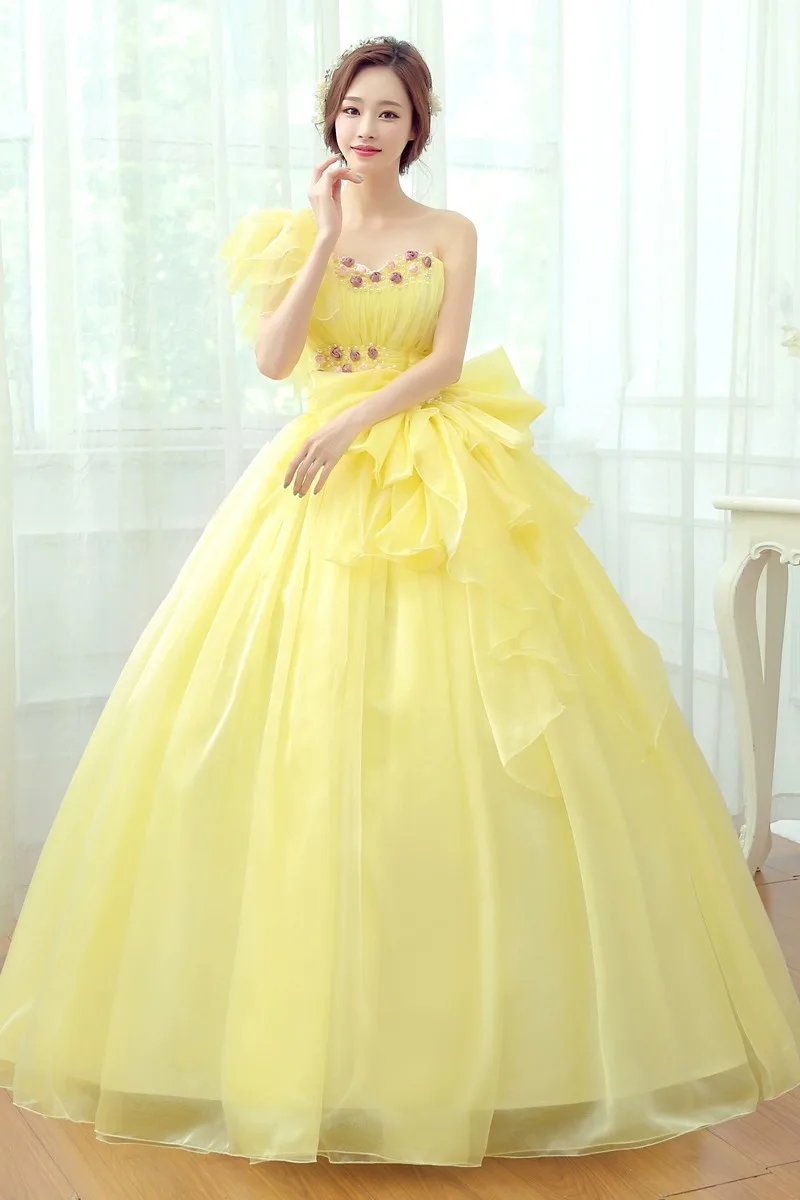 Light Yellow Quinceanera Dresses Lace Up Flowers Prom Party Gown Floor Length One Shoulder vestidos de 15 quinceañera