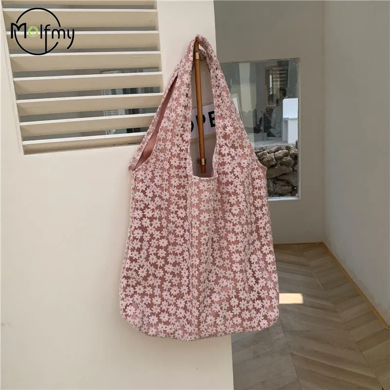 Floral Women Shoulder Bags Large Capacity Lace Ladies Casual Travel Shopping Tote Bag Vintage Thin Cotton Female Handbags Bolsa