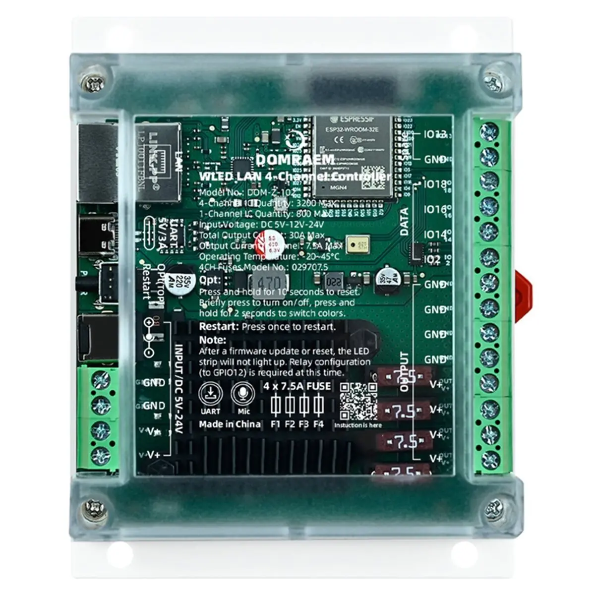 A72U  4CH Ethernet DIN Rail WLED Controller 30A WiFi Music Sync DC5-24V Addressable WS281X LED Strip