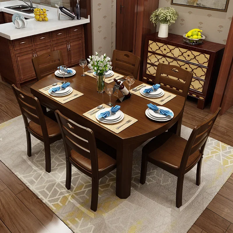 Solid wood dining table and chair combination, modern simple retractable folding round table small apartment dining table, house