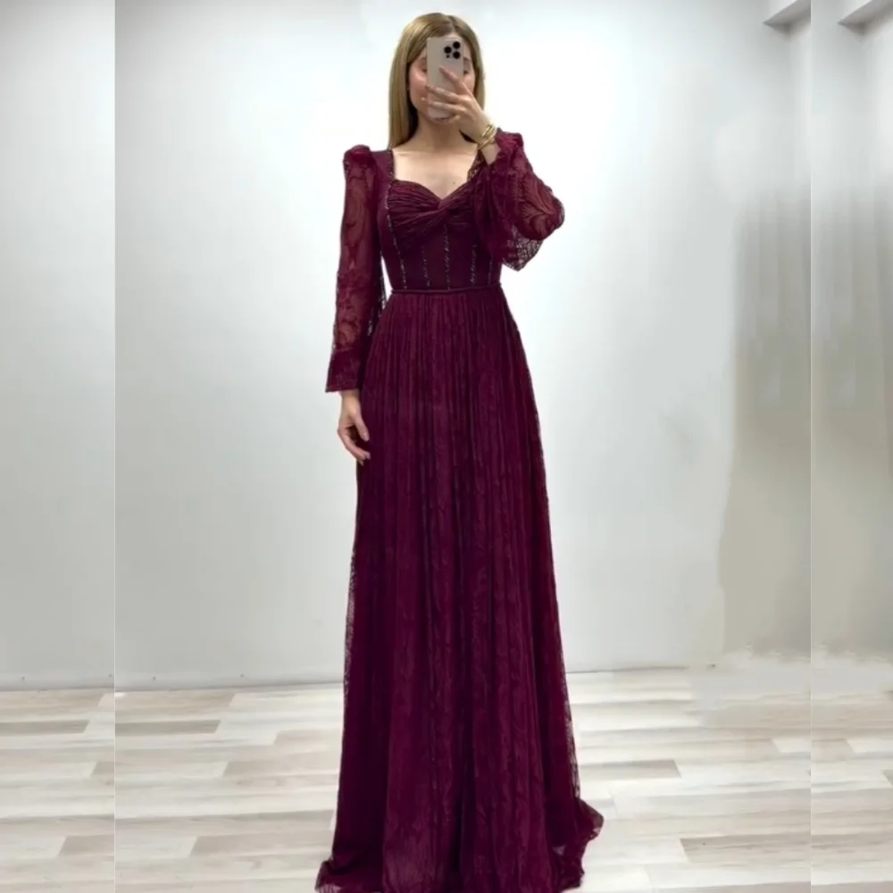 

Customized Women Luxury Evening Pleat Lace A-line Floor-length Bespoke Occasion Charming Elegant Party Wedding Guest Classic