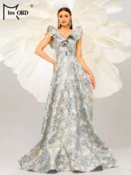 Missord Blue V Neck A Line Floral Ruffled Sleeves Evening Gown Wedding Birthday Party Wysokiej jakości luksusowa sukienka na formalne okazje