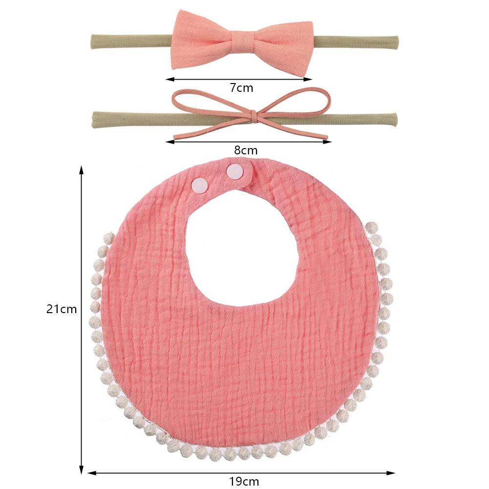 3Pcs/Set Solid Muslin Cotton Baby Snap Bibs Newborn Boys Girls Faux Suede Mini Bow Tie Headband Kids Feeding Burp Cloths Scarf