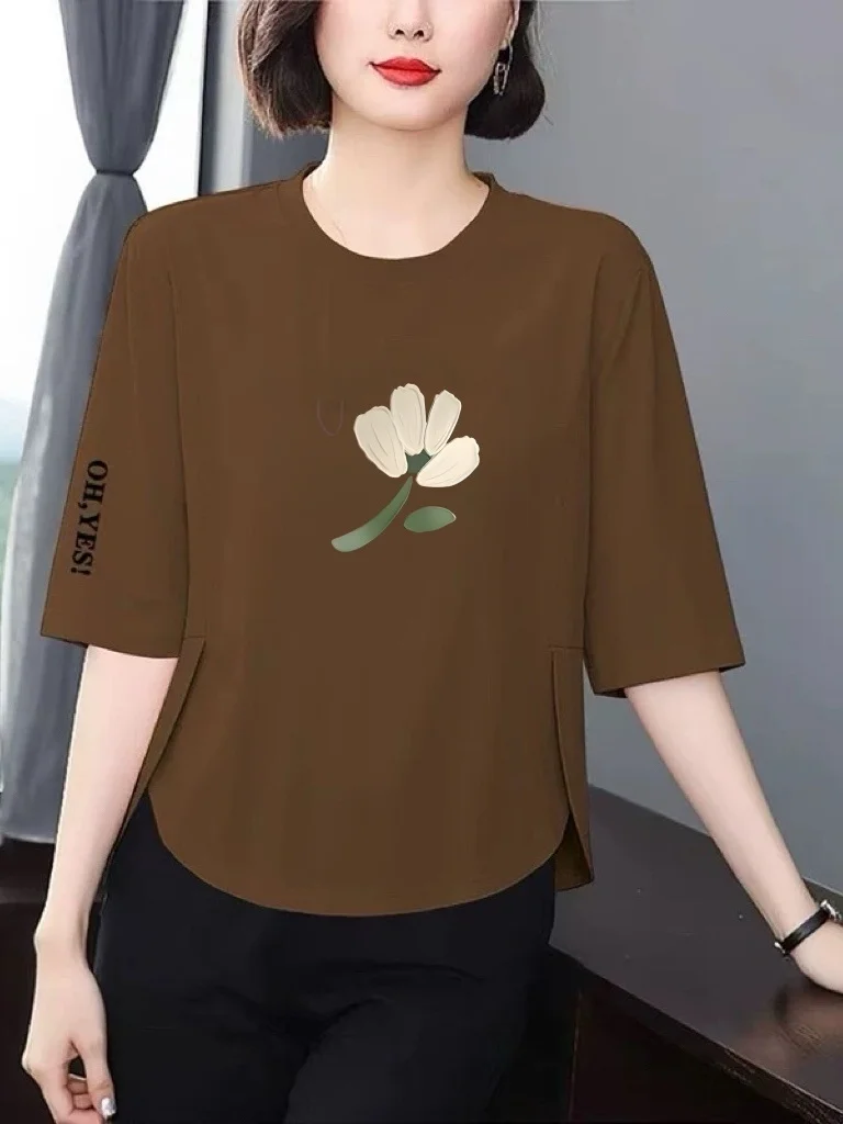 

Loose Printed Three Quarter Sleeve T Shirt Women's Flattering Meat Concealing Fashionable Youthful All Season Top
