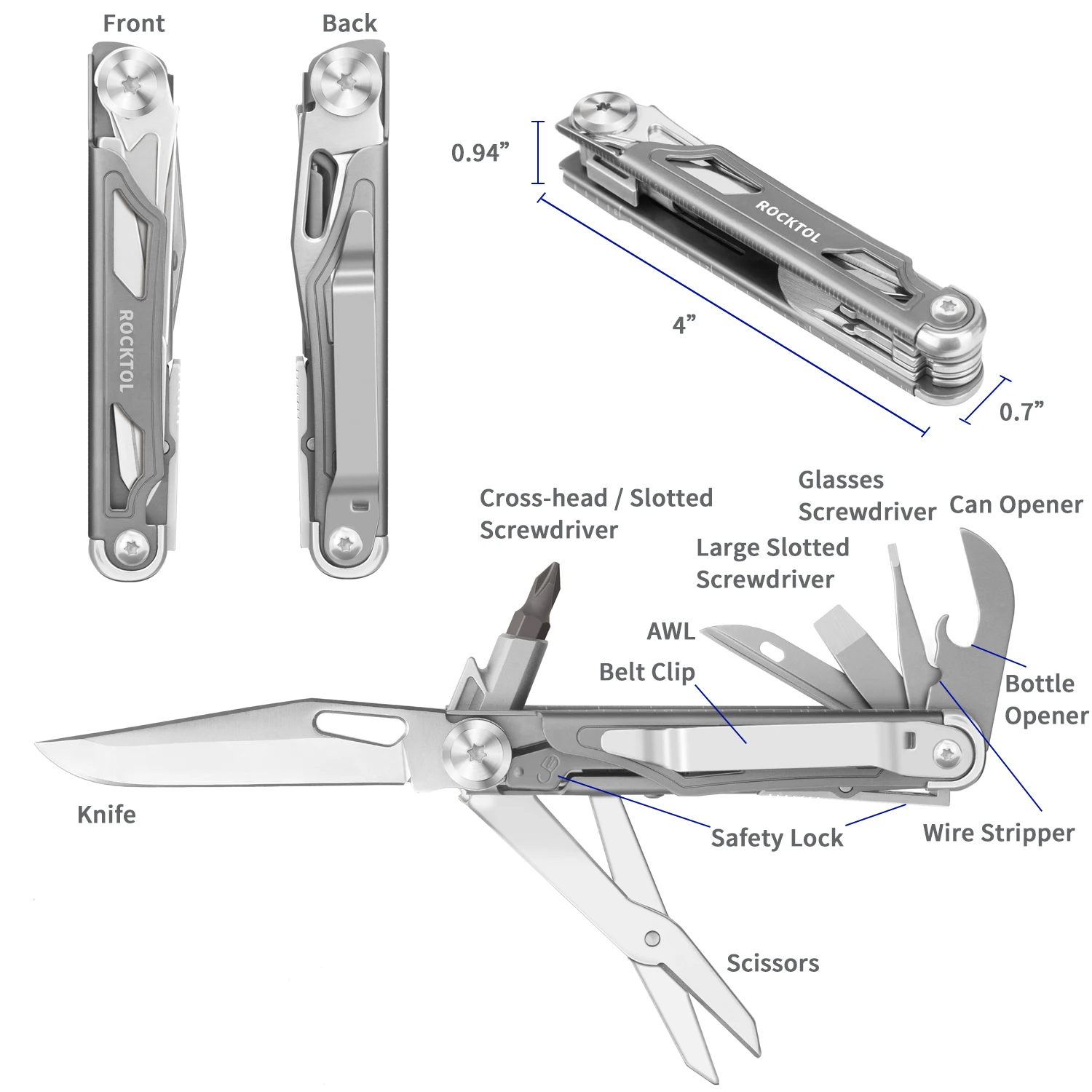 ROCKTOL Folding Pocket Knife, 12-in-1 Multitool Knife with Titanium-Plated Handle, Pocket Clip, Stainless Steel for Camping, Hik