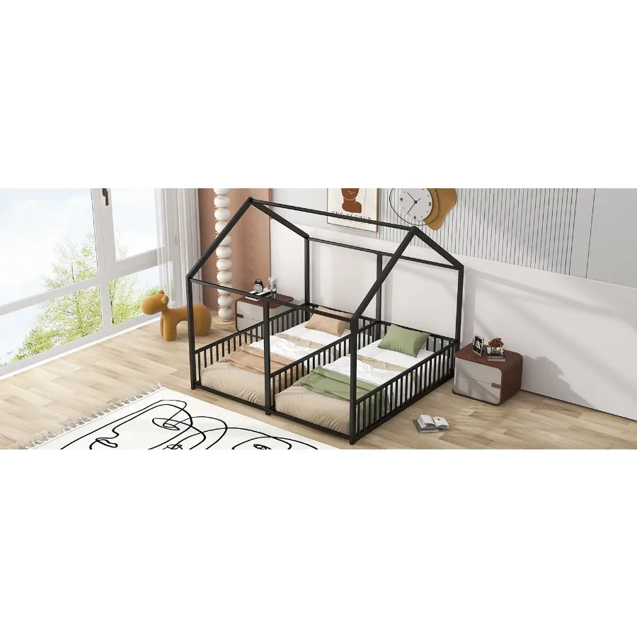 Camas con plataforma de tamaño doble de metal, dos camas compartidas, color negro