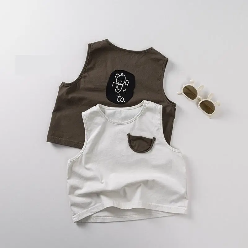 

2025 Summer New Children Sleeveless T Shirts Cotton Boys Thin Patch Vest Girls Versatile Tee Baby Casual T Shirt Kids Clothes