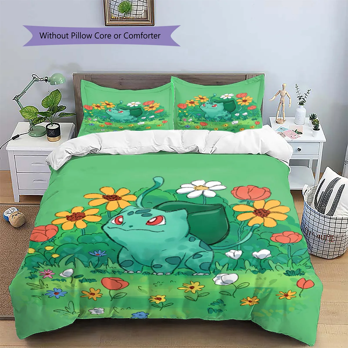Bulbasaur Patterned Pillowcase & Duvet Cover Set Cozy Bedroom Bedding Daily Gift for Anime Enthusiasts.-TING