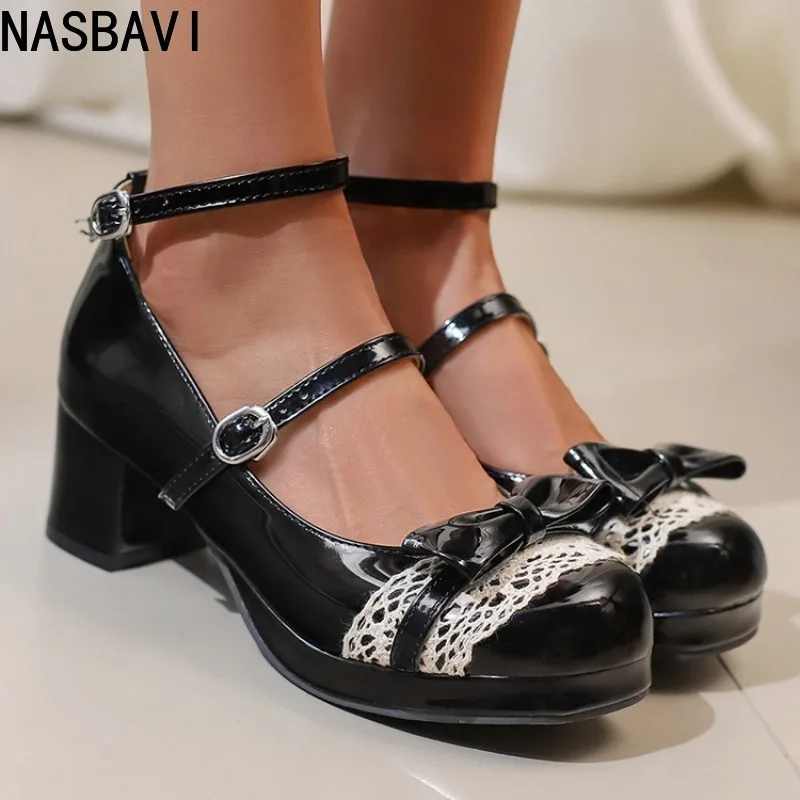 

2026 Spring and Autumn New Fashion High Heels Solid Color Sweet Lace Bow Square Heel Sandals Size 32-50