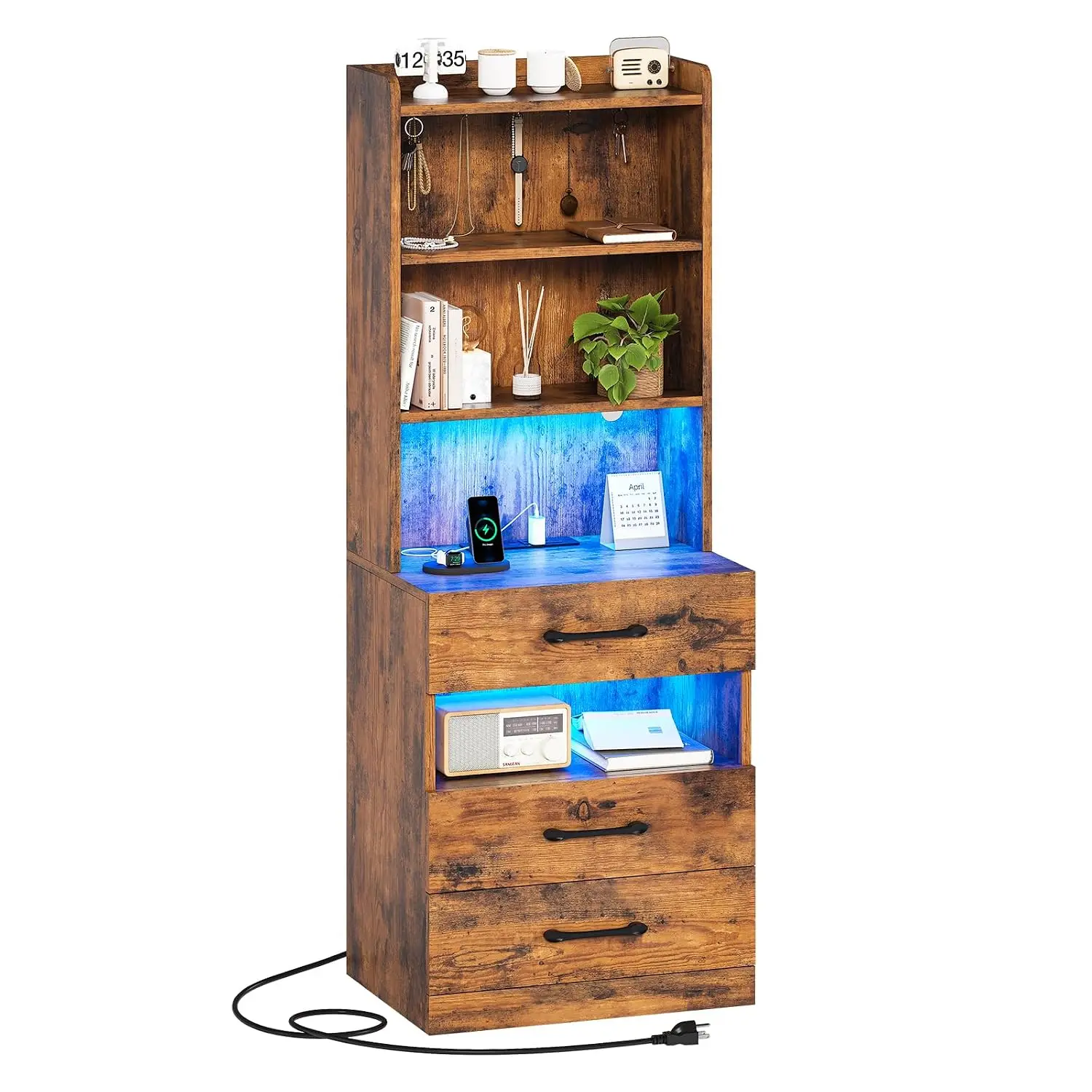 Tall Nightstand with Charging Station & LED Lights 3-Drawer Bedside Table with Bookshelf Rustic Brown End Table for Bedroom, Cus