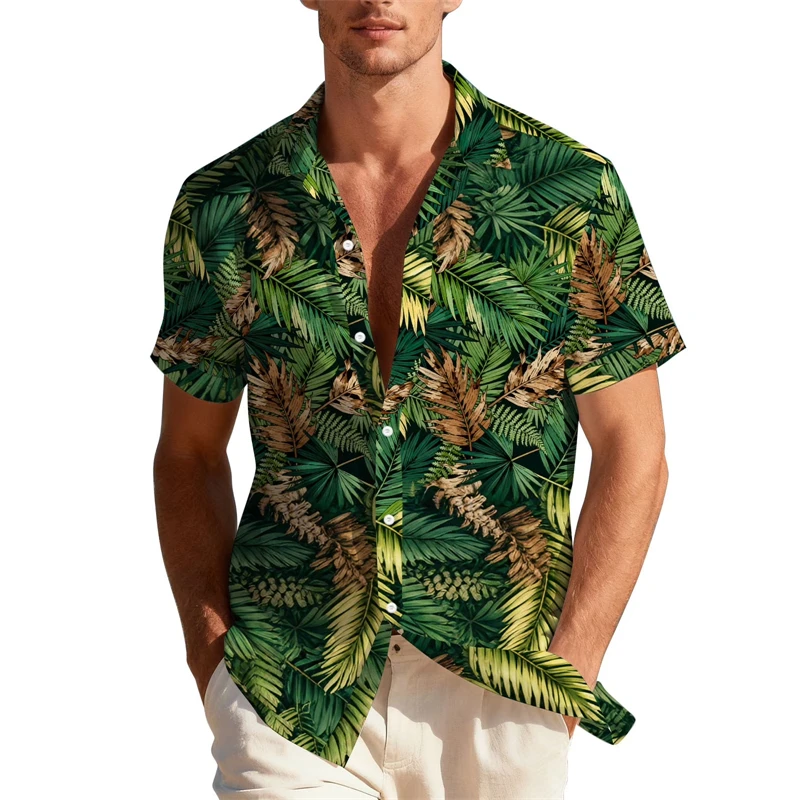 

3D Palm Leaf Printed Men Trendy Hawaiian Shirt Vintage Short Sleeve Shirts For Beach Vacation Shirts Casual Summer Women Blouse