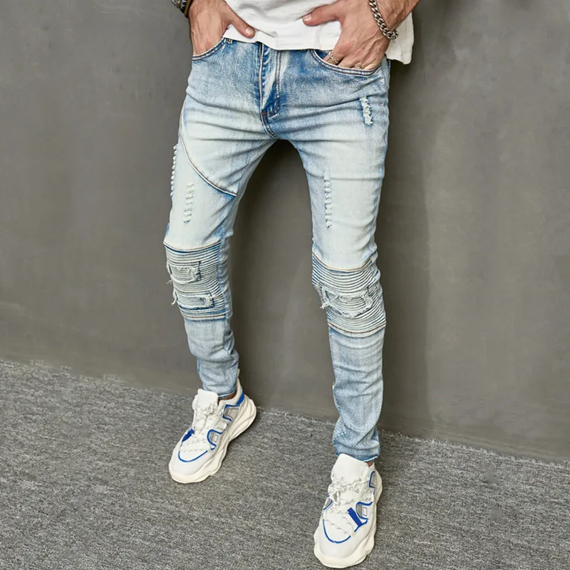 

Men's Destroyed Stretchy Jeans Pants Pleated Ripped Denim Trousers High Streetwear Slim Fit Bottoms Wahsed Blue With Holes