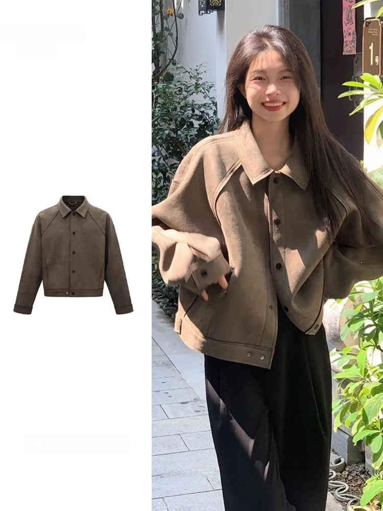 plus Size Military Green Suede Jacket Women's Early Spring New American Retro Design Sense  Flight Suit Jacket