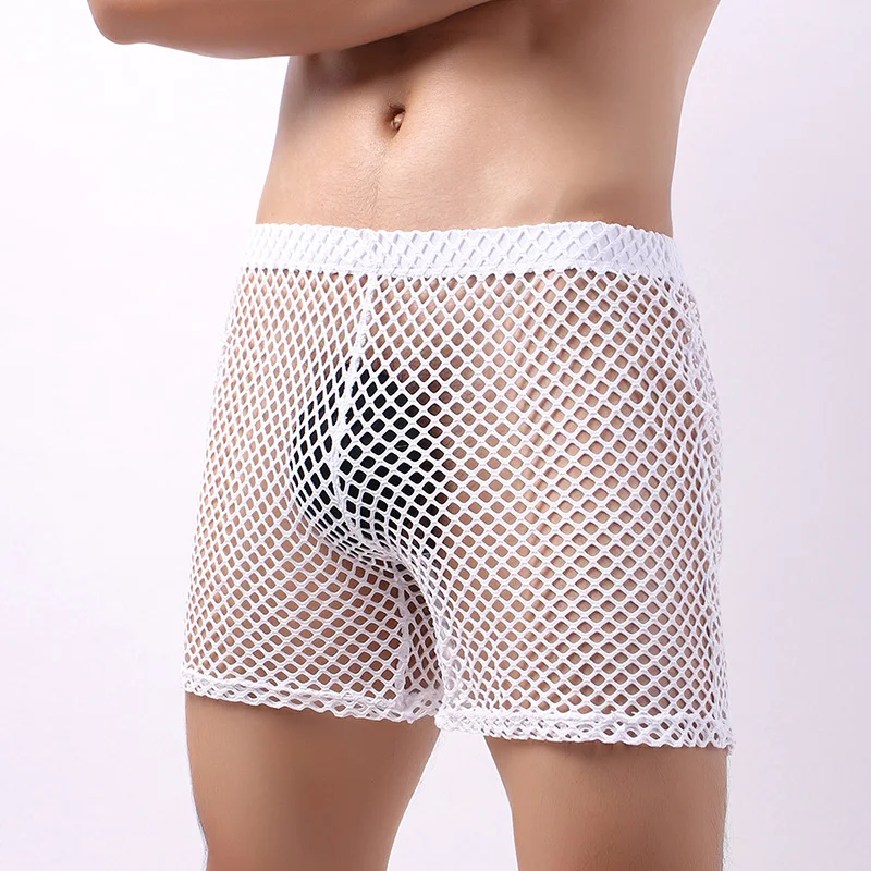 Sexy Big Mesh Boxer Shorts Men Underwear Pajamas Shorts Hollow Fishnet Underpants Boxershorts Casual Fitness Men Sleep Bottoms
