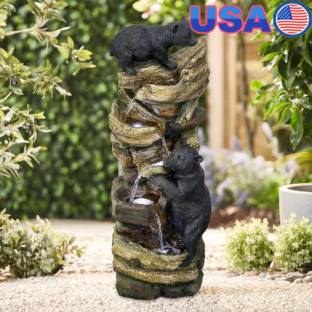 

5 Tier Outdoor Garden Water Fountain Bears Climbing Tree Resin Decor with LED Lights Patio Lawn Relaxation