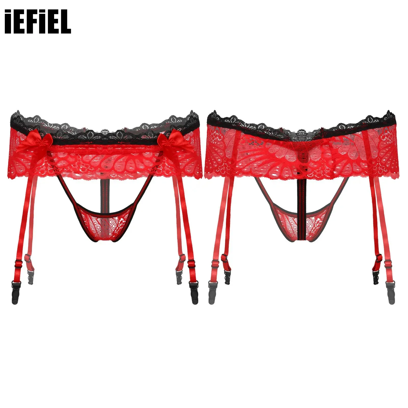 

Men Garter Belt G-String Hollow Out Lace Skirted Thongs Bowknot Elastic Waistband Crotchless T-Back Adjustable Sissy Underwear