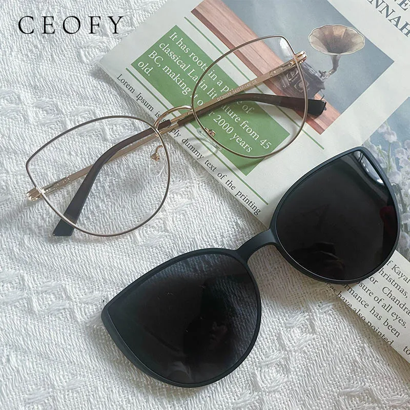 Ceofy 2023 New Fashion Women Metal Cat Eye Glasses Frame Polarized Sun Clip on Optical Myopia Prescription Eyeglasses Spectacle