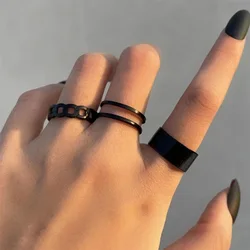 3PCS Black Ring Joint Finger Chain Adjustable Jewelry Anneaux for Men Women Gothic Anillos Aesthetic Anel Trend Accessories