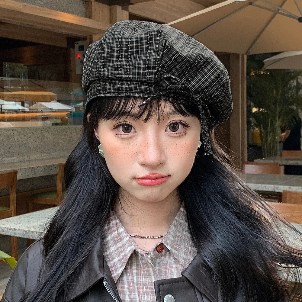 

Simple Bow Plaid Beret Hat Korean Style Lattice Women Painter Hat Keep Warm Cloud Hat Women Octagonal Cap Outdoor