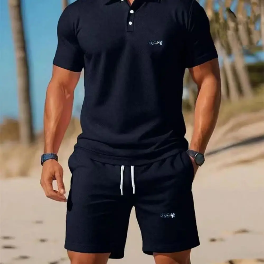Summer Men's Streetwear 2 Piece Set polo-Neck T-Shirt+Sports Shorts Quick Dry Fitness Gym Running Suit Hot Sale Fashion Casual