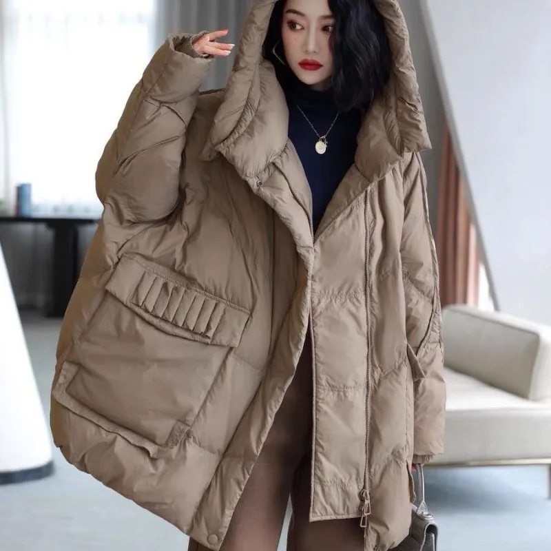 2023 New Women Down Jacket Winter Coat Female Mid-length Super Size Parkas Batwing Sleeve Loose Simple Outwear Hooded Overcoat